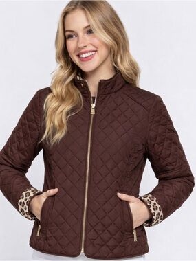 Tradition Brown Quilted Jacket w/ Leopard Lining Petite 12P | Chic Spring Coat